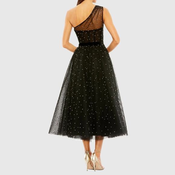 Mac Duggal Black One Shoulder Pearl Beaded Midi Ballgown 20745 Women’s Sz 2 NWT - Picture 6 of 11